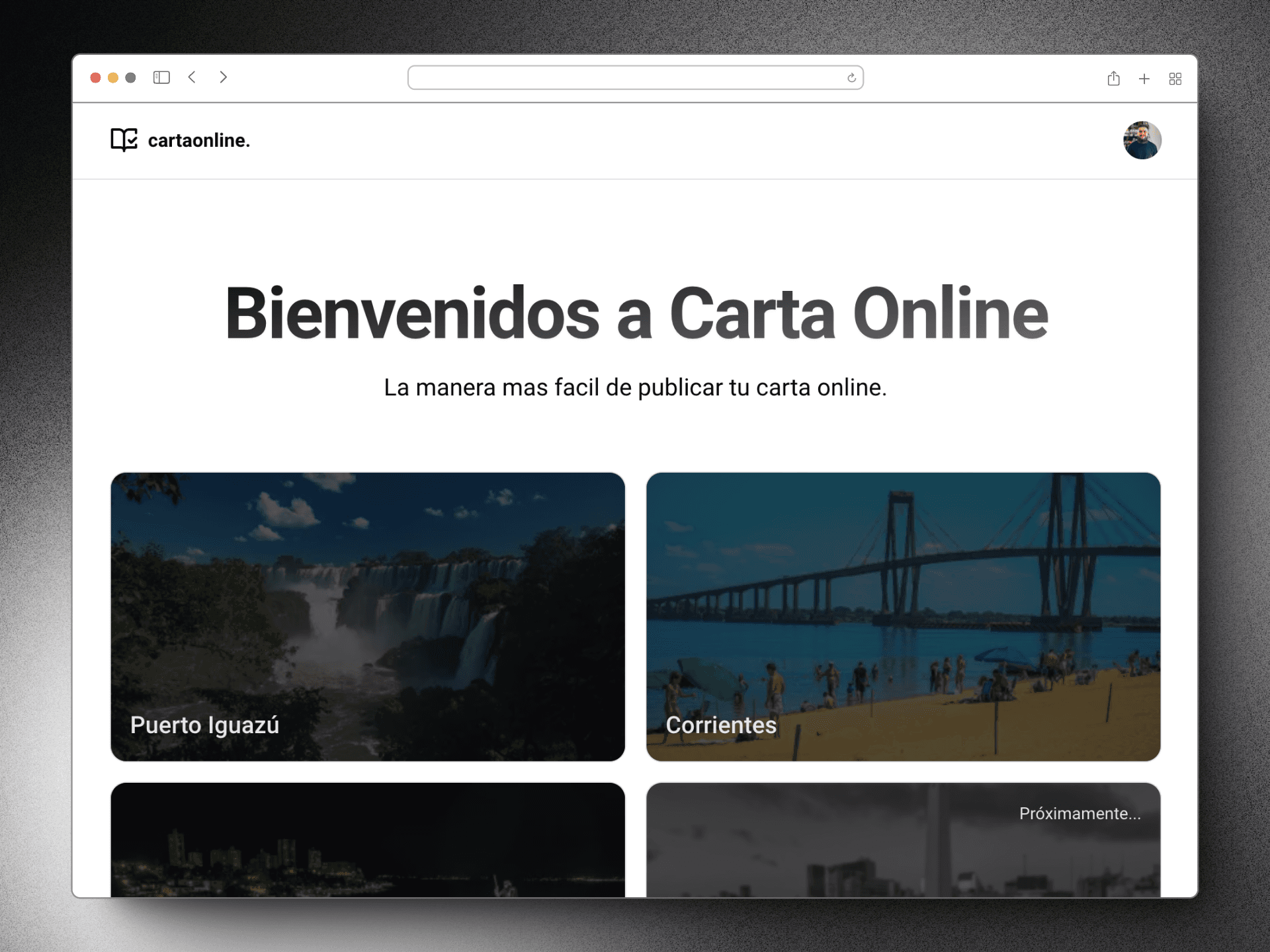 Screenshot of the Cartaonline dashboard and landing page